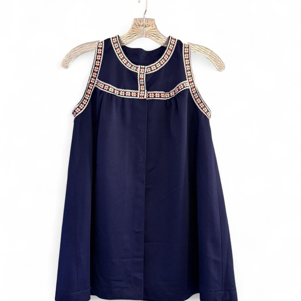 Vintage Navy Blue Vest Top with Floral Trim